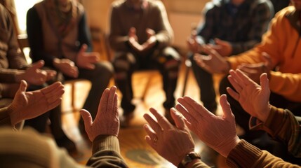 Close-up of individuals sitting in a circle with their hands together, palms facing upwards