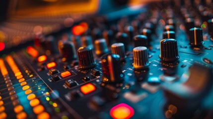Detailed view of a professional sound mixing console with knobs and buttons in a recording studio...