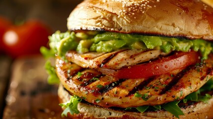 A closeup of a deluxe chicken sandwich with grilled chicken breast, crisp lettuce, and ripe tomato perfectly assembled