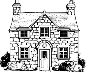 Vintage stone house sketch drawing