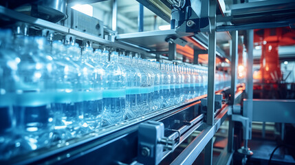Naklejka premium Beverage factory interior. Conveyor with bottles for juice or water, photo shot