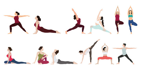 Yoga asanas pose set of vector silhouettes of woman doing yoga exercises. Colored icons of a girl in many different yoga poses isolated on white background