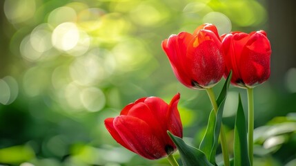 Two red tulips amidst green grass