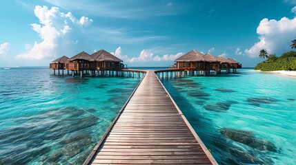 Rustic wooden pier leading to elegant water villas, with a pristine beach in the backdrop - obrazy, fototapety, plakaty