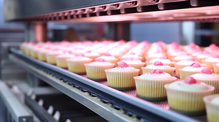 Cupcake on automatic conveyor belt process of baking in factory. Food industry, Cookies and cake production.