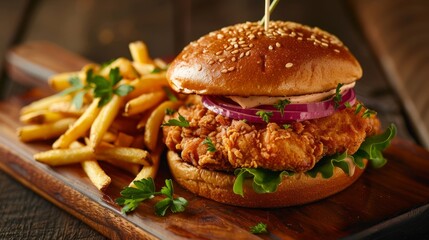 A high angle view of a deluxe chicken sandwich and french fries placed on a rustic wooden cutting board - Powered by Adobe