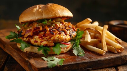 A deluxe chicken sandwich and crispy french fries displayed on a rustic wooden cutting board
