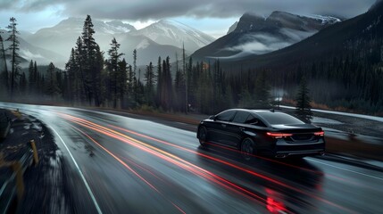 Black sedan driving down wet road with mountains in background