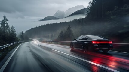 A black sedan drives along a winding mountain road with scenic mountains in the background - Powered by Adobe