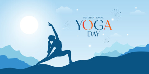 international yoga day wishes or greeting banner, flat blue art yoga pose & mountain Illustration with sun, social, media, wishing, greeting, wishes, poster, design, vector, file,