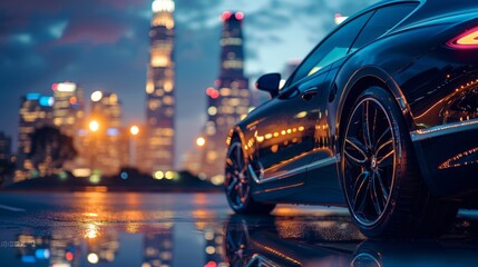 A low angle shot showing a sleek black sports car parked in front of a citys skyline at night, under the glow of city lights