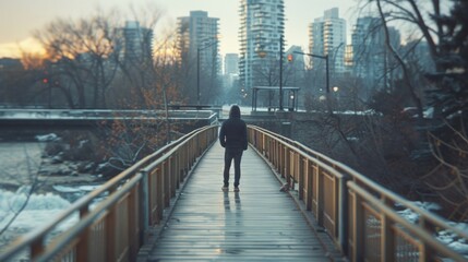 A lone figure stands on a wooden bridge back to the camera as they overlook a peaceful river running through a bustling urban . . - Powered by Adobe