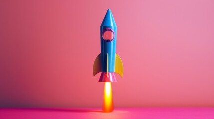 A colorful toy rocket with flame effect on a vibrant pink backdrop, illustrating motion and energy. - 794738957