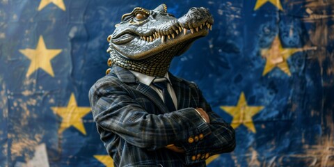 A whimsical depiction of a crocodile head mask on a human body, dressed in an elegant checkered suit  standing in front of the European Union flag.. - 794738959