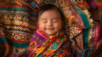 An adorable baby smiling contently while cocooned in bright, patterned fabrics, expressing warmth and comfort.