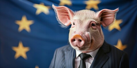 A surreal image of a pig wearing a business suit, symbolically standing in front of the European Union flag. - 794738993
