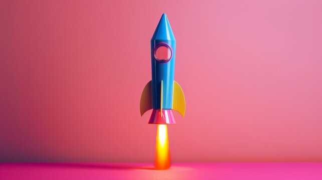 A colorful toy rocket with flame effect on a vibrant pink backdrop, illustrating motion and energy.