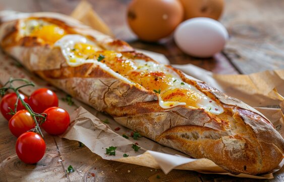 Gourmet French Baguette with Cheese and Egg, Studio Food Photography