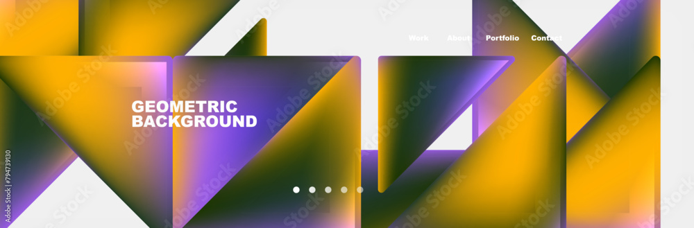 Poster colorfulness pops in a geometric background of purple and yellow triangles on a white rectangle. sha
