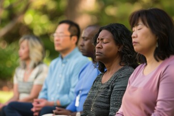 Diverse Adults Meditating for Anxiety Awareness in Serene Park Setting