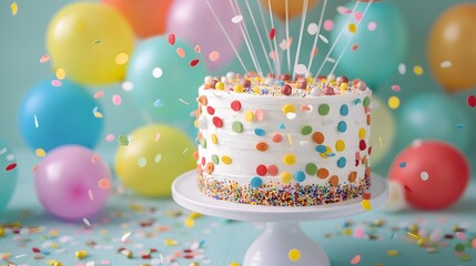Cheerful Birthday Cake with Colorful Confetti and Balloons Celebrating a Special Occasion