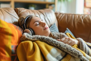 Relaxed young woman listening to music with headphones while lying on sofa at home