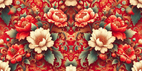 Spring red flowers backdrop beautiful floral seamless pattern of fabric flowers baroque colorful decoration wallpaper background