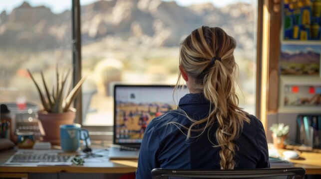 Determined Female Sports Producer Plans Combat Event in Minimalist Office with Desert View - Powered by Adobe