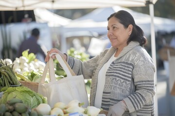 Hispanic Woman Embracing Sustainable Living by Choosing Organic Produce at Farmer's Market