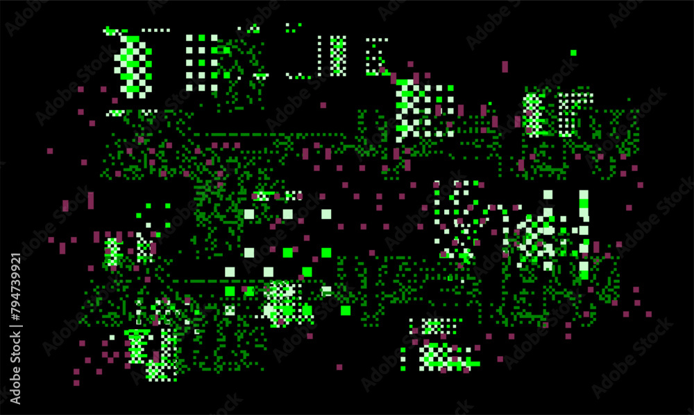 Poster Screen with neon pixel glitches and flickers. Concept vector illustration of a broken or malware program.