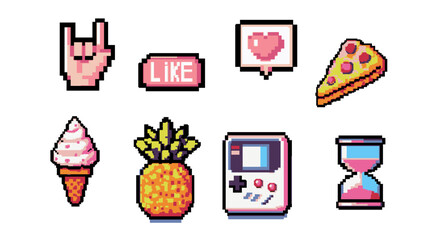 Set of pixel art items: ice cream, pizza slice, hourglass, pineapple and others.