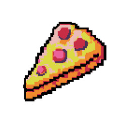 Pixel art icon of a slice of pizza on a white background.