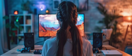 Focused American Woman Merging Gaming Passion with Digital Marketing in Her Modern Retro Desk Space