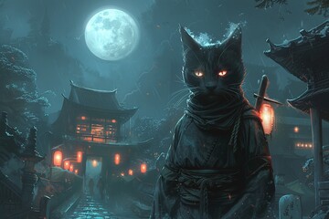 Anthropomorphic cat ninja standing alert at the entrance of a moonlit temple, eyes glowing, tense atmosphere - obrazy, fototapety, plakaty