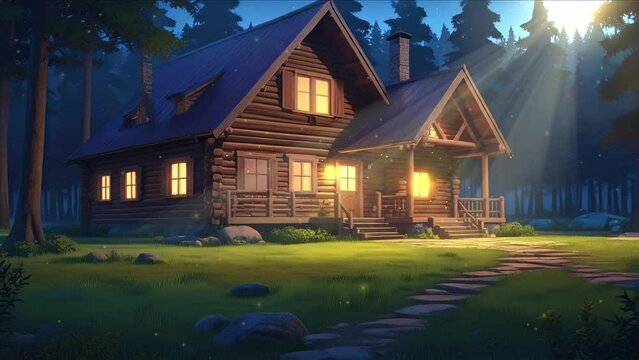 Peaceful animation of a quaint wooden cottage nestled amidst the vibrant foliage of a tropical forest at night, with fireflies dancing around, rendered in a charming anime art style.