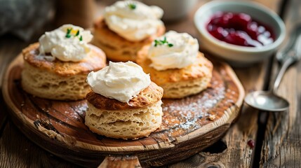 Freshly baked scones arranged on a rustic wooden board, served with clotted cream and jam.