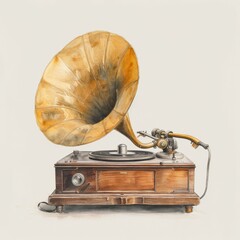A watercolor gramophone with a large horn speaker on white background.