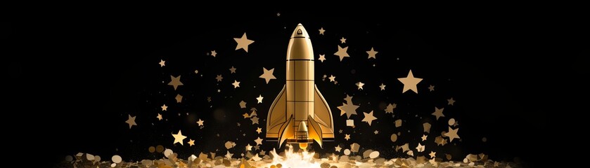 Obraz premium A golden rocket ship blasting off into space with stars in the background.