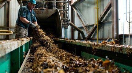 A man adding plant matter into a large machine showing the process of converting biomass into biofuels and reducing dependency on nonrenewable resources. .