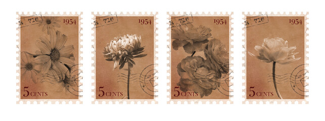 Set of Floral vintage Postage Stamp. Old Brown post stamp with flowers. Aesthetic cutout Scrapbooking elements for wedding invitations, notebooks, journals, greeting cards, wrapping paper