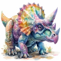A watercolor painting of a rainbow triceratops dinosaur.