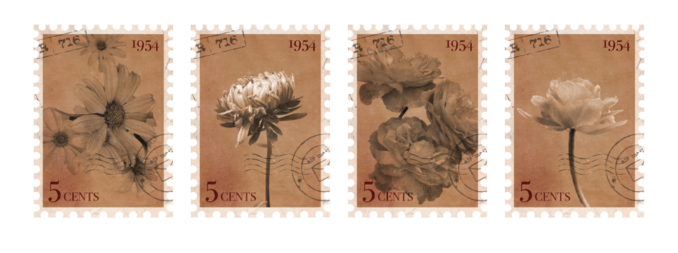 Set of Floral vintage Postage Stamp. Old Brown post stamp with flowers. Aesthetic cutout Scrapbooking elements for wedding invitations, notebooks, journals, greeting cards, wrapping paper