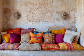 Curved sofa with colorful multicolored pillows against beige stucco wall with copy space. Ethnic, moroccan interior design of modern living room, home. clear light and soft tone.