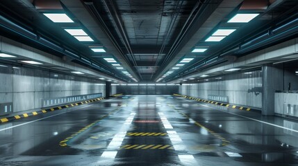 Fototapeta premium Blank mockup of a parking garage banner showcasing a futuristic design with metallic accents and digital elements. .