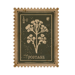 Retro Leaf Branch Postage Stamp in Monochrome with Grunge Details. Old Faded Scrapbook Paper