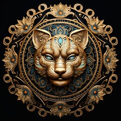 A golden lion's head with blue eyes, surrounded by a mandala of intricate patterns and flowers.