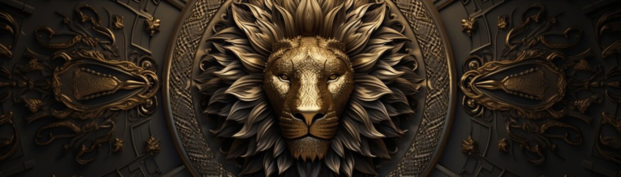 A golden lion's head with a detailed mane, surrounded by intricate carvings.