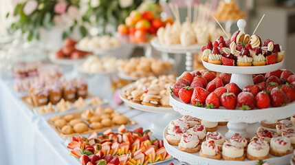 A sumptuous holiday dessert table decorated with gourmet pastries, fresh strawberries and multi-colored macaroons - 794742190