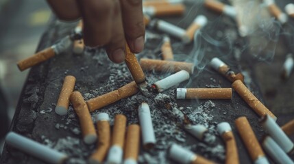 Close-up view of a person's hand putting out a lit cigarette among many stubs in an ashtray. - obrazy, fototapety, plakaty