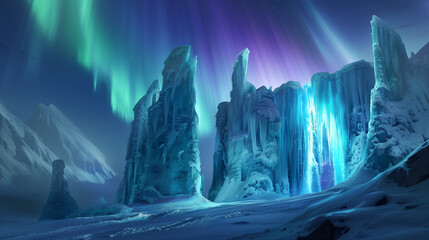 An ice castle under the aurora borealis, shimmering icy walls and frozen sculptures, magical and cold atmosphere